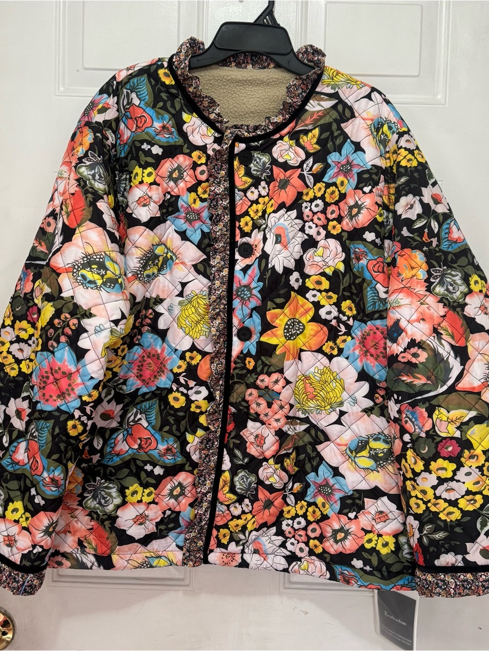Evafreedom Boho Vibrant Floral Quilted Jacket Fleece Lined Ruffle Trim XXL NEW
